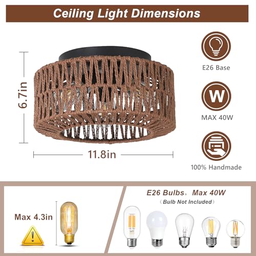PAUFUL Boho Light Fixture，3-Light Farmhouse Rattan Light Fixtures Ceiling Mount，Flush Mount Ceiling Light with Hand-Woven Shade，Modern Chandelier for Living Bedroom Entryway Kitchen Nursery - Image 4