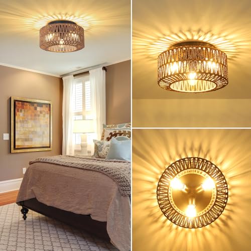 PAUFUL Boho Light Fixture，3-Light Farmhouse Rattan Light Fixtures Ceiling Mount，Flush Mount Ceiling Light with Hand-Woven Shade，Modern Chandelier for Living Bedroom Entryway Kitchen Nursery - Image 3