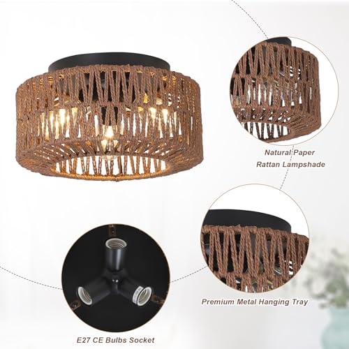 PAUFUL Boho Light Fixture，3-Light Farmhouse Rattan Light Fixtures Ceiling Mount，Flush Mount Ceiling Light with Hand-Woven Shade，Modern Chandelier for Living Bedroom Entryway Kitchen Nursery - Image 5