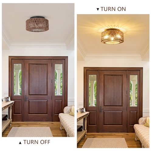 PAUFUL Boho Light Fixture，3-Light Farmhouse Rattan Light Fixtures Ceiling Mount，Flush Mount Ceiling Light with Hand-Woven Shade，Modern Chandelier for Living Bedroom Entryway Kitchen Nursery - Image 2