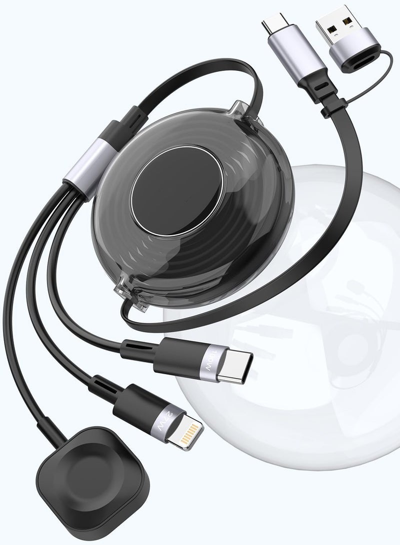 Arabest Retractable Charger for Apple Watch and iPhone, 100W Fast Charging 3-in-1 Multiple Charging Cable, Retractable iPhone Charger Cord, Compatible with iPhone 15, for iWatch Ultra/SE/9, Tablets - Image 1