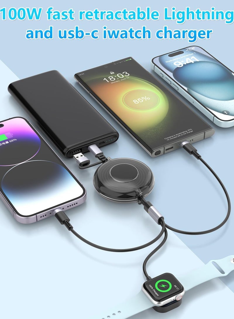 Arabest Retractable Charger for Apple Watch and iPhone, 100W Fast Charging 3-in-1 Multiple Charging Cable, Retractable iPhone Charger Cord, Compatible with iPhone 15, for iWatch Ultra/SE/9, Tablets - Image 2