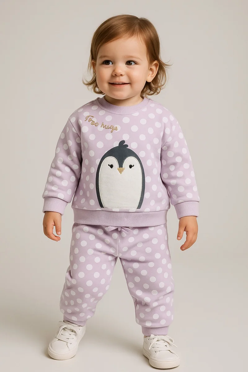 victor and jane Baby Girl Penguin Appliqué Lilac Polka-Dot 2-Piece Set