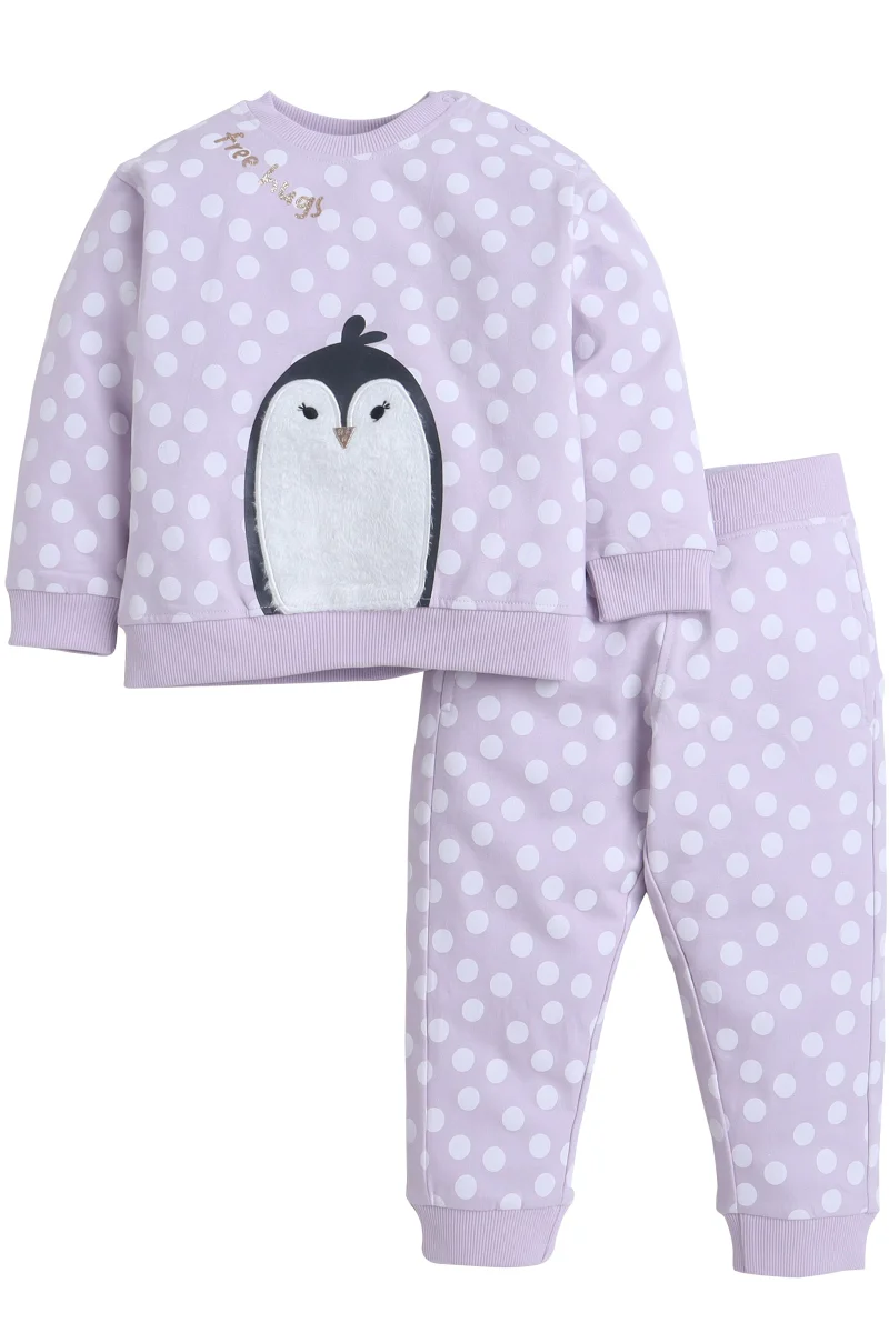victor and jane Baby Girl Penguin Appliqué Lilac Polka-Dot 2-Piece Set