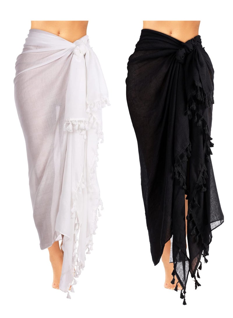 SOLARAE Women Beach Batik Long Sarong Swimsuit, Multi-functional Cover up Wrap Pareo with Tassel for Women Girls, for Vacations, Pool Parties, Beach Costumes, Made of Soft Material (2 Pieces) - Image 1