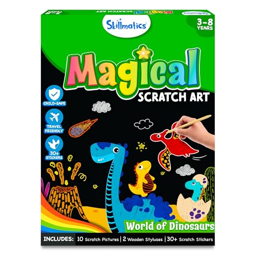 Skillmatics Scratch Art Book for Kids - Dinosaurs, Craft Kits & Supplies, 30+ Scratch Stickers, Travel Toys, DIY Kit, Gifts for Boys & Girls Ages 3, 4, 5, 6, 7, 8 - Image 1