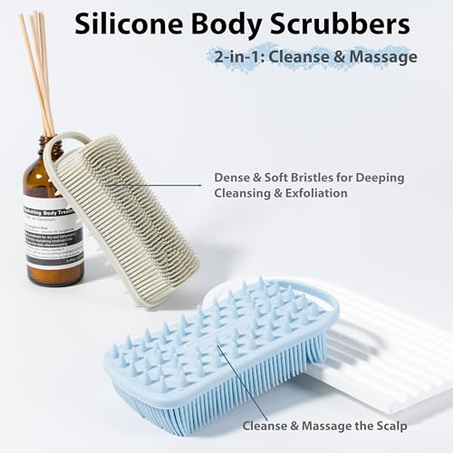 MtBoi 2 PC Silicone Body Scrubber 2 in 1 Exfoliating Shower Bath Scrubber Soft Silicone Loofah for Sensitive Skin Shower Hair Scalp Massager Easy to Clean Lather Well GreyBlue - Image 5