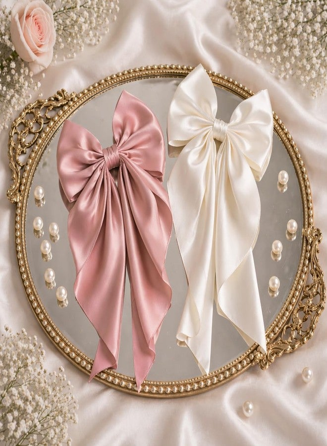 ChicTresses® 2 Pack Off White and Pink - Bows for Women, Clips for Womens - Hair Clips for Womens - Luxury Satin Hair Bow Clips for Women and Girls, Cute Hair Accessories for Girls - Image 2