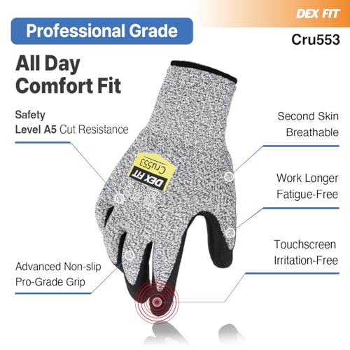 DEX FIT Level 5 Cut Resistant Gloves Cru553, 3D-Comfort Fit, Firm Grip, Thin & Lightweight, Touch-Screen Compatible, Durable, Breathable & Cool, Machine Washable; Grey XL (10) 1 Pair - Image 4