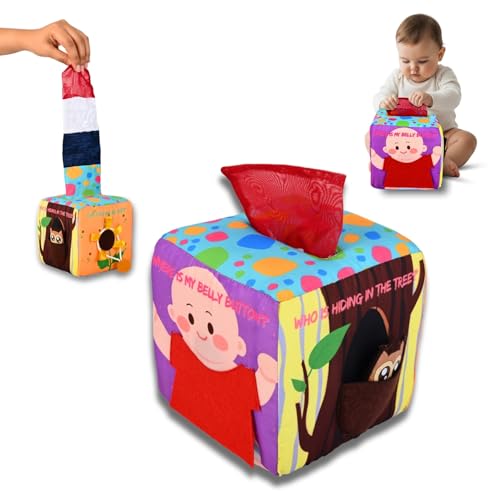 Seraphina Montessori 7 in 1 Activity Cube for Babies | Interactive, Educational & Learning Sensory Toy for Kids | Tissue Box Toy| Fabric Cube with Mirror, Rattle, Squeaker & Textures - Image 1