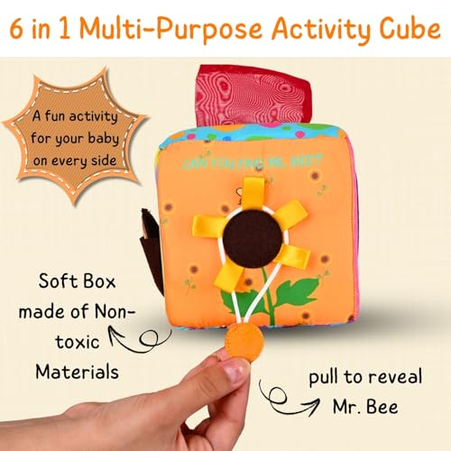 Seraphina Montessori 7 in 1 Activity Cube for Babies | Interactive, Educational & Learning Sensory Toy for Kids | Tissue Box Toy| Fabric Cube with Mirror, Rattle, Squeaker & Textures - Image 3