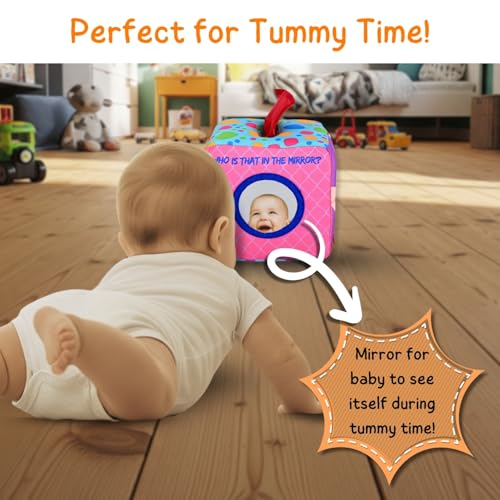Seraphina Montessori 7 in 1 Activity Cube for Babies | Interactive, Educational & Learning Sensory Toy for Kids | Tissue Box Toy| Fabric Cube with Mirror, Rattle, Squeaker & Textures - Image 4