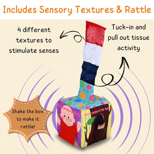 Seraphina Montessori 7 in 1 Activity Cube for Babies | Interactive, Educational & Learning Sensory Toy for Kids | Tissue Box Toy| Fabric Cube with Mirror, Rattle, Squeaker & Textures - Image 5