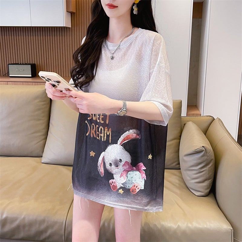 (Nano Silk T-Shirt) New Sunscreen Printed Loose Medium And Long Short Sleeve Top T-Shirt - Image 4