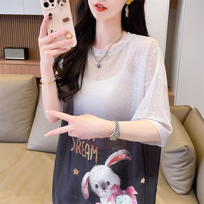 (Nano Silk T-Shirt) New Sunscreen Printed Loose Medium And Long Short Sleeve Top T-Shirt - Image 5
