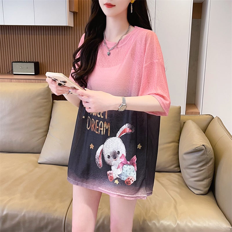(Nano Silk T-Shirt) New Sunscreen Printed Loose Medium And Long Short Sleeve Top T-Shirt - Image 2