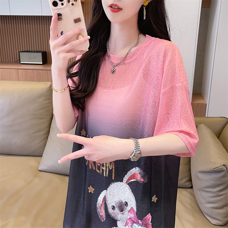 (Nano Silk T-Shirt) New Sunscreen Printed Loose Medium And Long Short Sleeve Top T-Shirt - Image 3