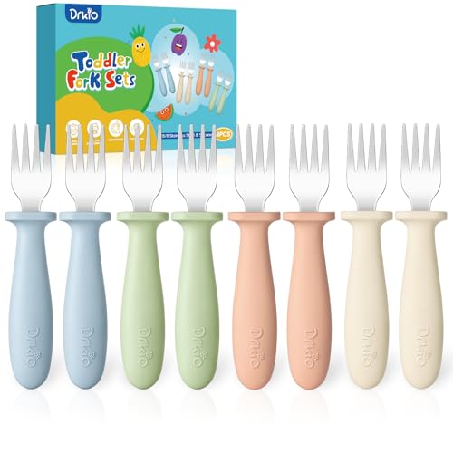 DRKIO 8 Pieces Toddler Forks Set - Baby Forks with Silicone Handle Children safe 18/8 Stainless Steel Toddler Utensils Set for Self Feeding Kids Silverware Anti-Choke Design Food Grade Dishwasher Safe - Image 1