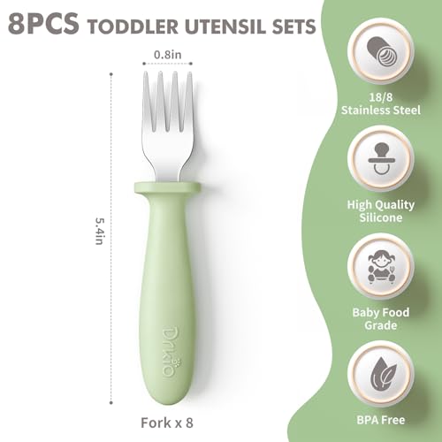 DRKIO 8 Pieces Toddler Forks Set - Baby Forks with Silicone Handle Children safe 18/8 Stainless Steel Toddler Utensils Set for Self Feeding Kids Silverware Anti-Choke Design Food Grade Dishwasher Safe - Image 2