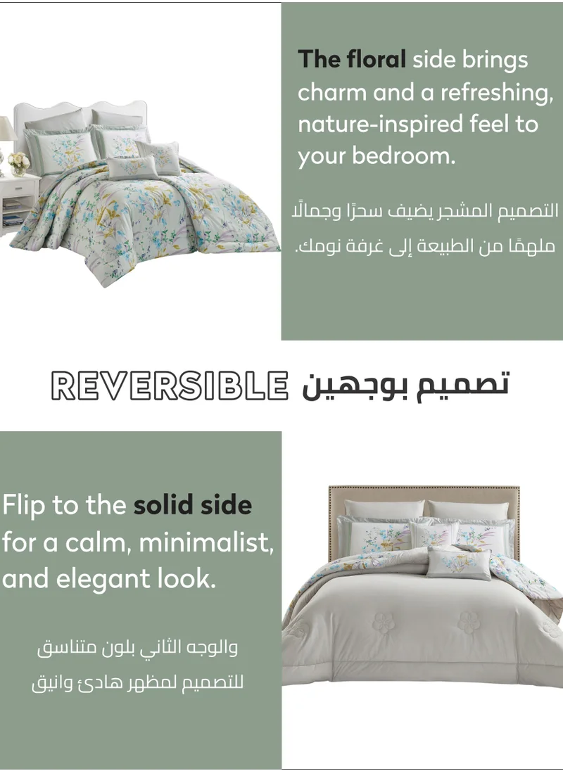 Donetella Cotton Comforter Set 4-Pcs Single Size All Season Reversible Floral Printed Bed Fits(120 X 200 Cm) With 350 GSM Down ALternative Filling,Pale Slate