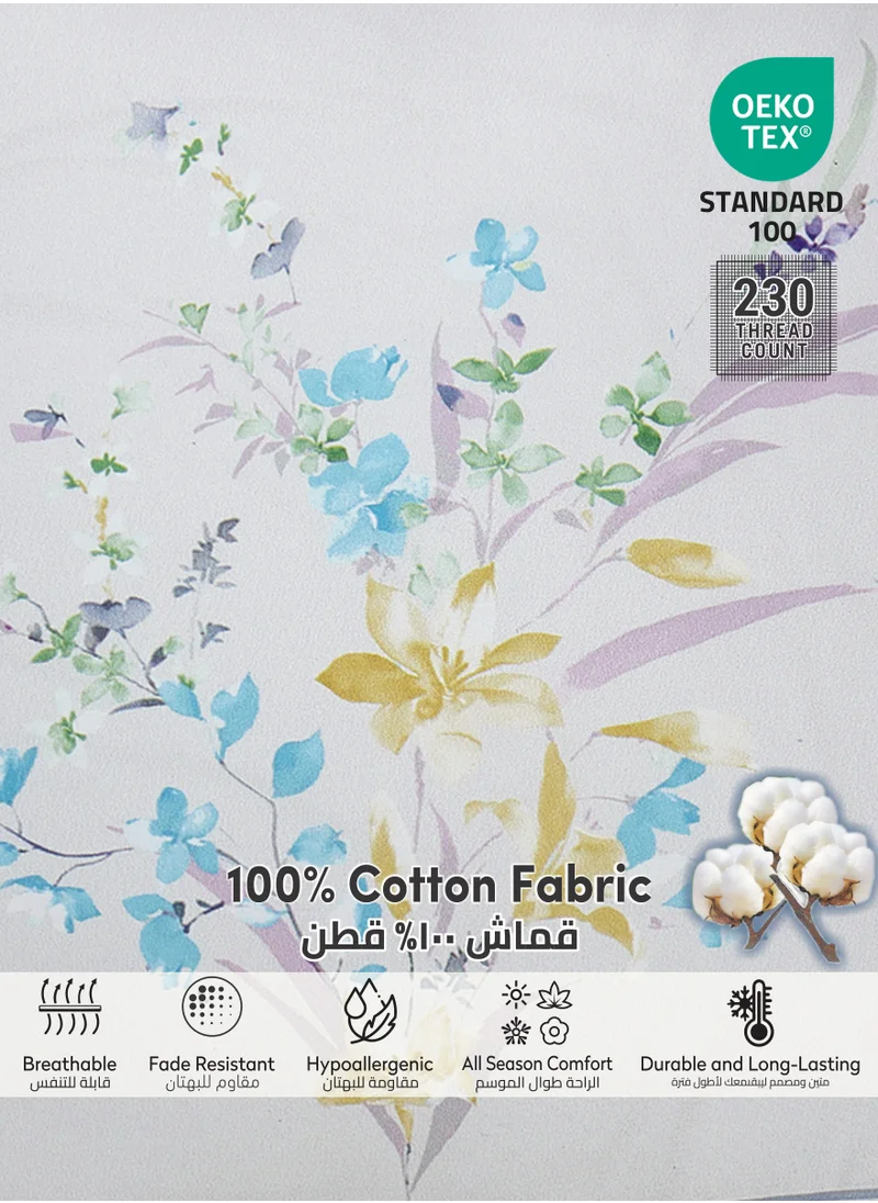 Donetella Cotton Comforter Set 4-Pcs Single Size All Season Reversible Floral Printed Bed Fits(120 X 200 Cm) With 350 GSM Down ALternative Filling,Pale Slate