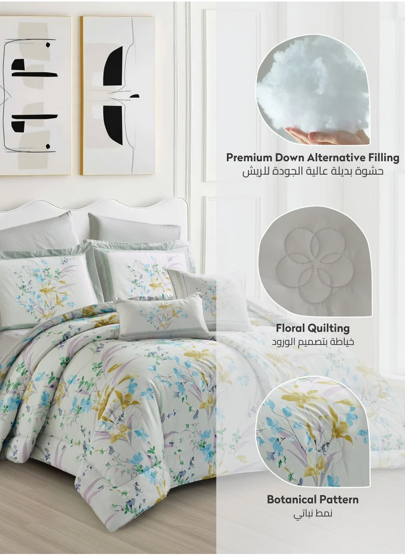 Donetella Cotton Comforter Set 4-Pcs Single Size All Season Reversible Floral Printed Bed Fits(120 X 200 Cm) With 350 GSM Down ALternative Filling,Pale Slate