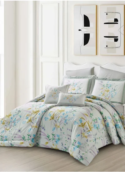 Donetella Cotton Comforter Set 4-Pcs Single Size All Season Reversible Floral Printed Bed Fits(120 X 200 Cm) With 350 GSM Down ALternative Filling,Pale Slate