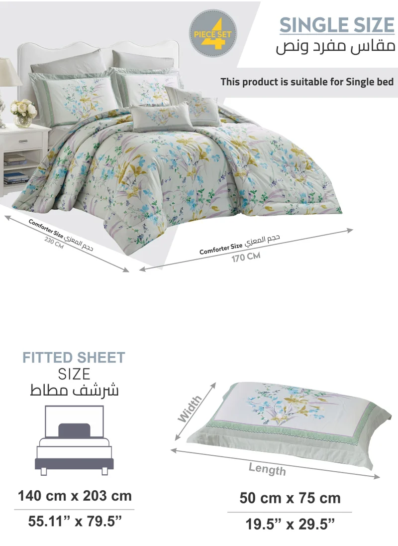 Donetella Cotton Comforter Set 4-Pcs Single Size All Season Reversible Floral Printed Bed Fits(120 X 200 Cm) With 350 GSM Down ALternative Filling,Pale Slate