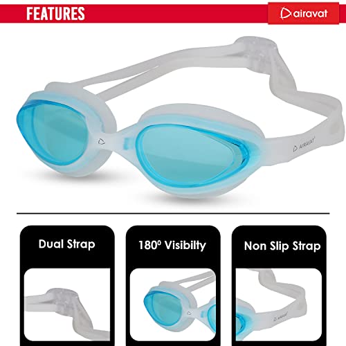 AIRAVAT FRAYER Swimming Goggles for Men Women Adults Teenagers, Polycarbonate Goggles, Swimming Goggles, Anti Fog Anti UV No Leakage Clear Vision, Free Size (White Blue) - Image 2