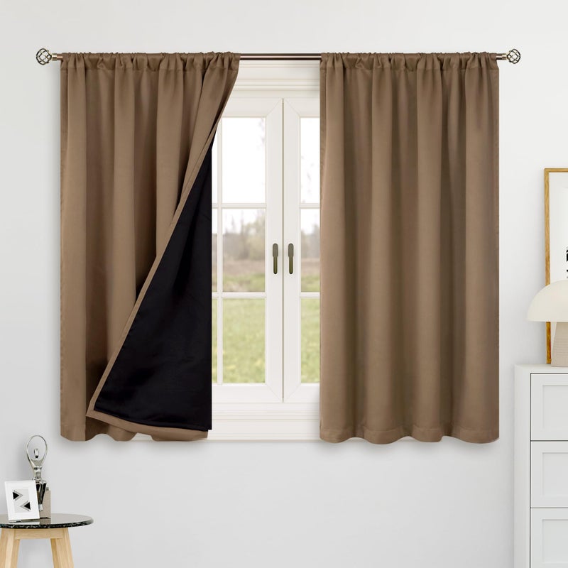 BGment Bression Taupe 100 ٪ Blackout 48 بوصة الستائر لجيب قضيب النافذة الصغيرة وعلامة التبويب الخلفية طبقة مزدوجة السود - Image 2