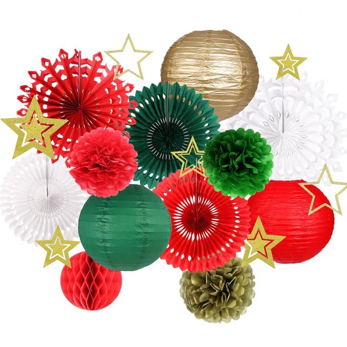 CHRISTMAS PARTY DECORATIONS CHRISTMAS PAPER LANTERNS GOLD STAR PENDANT HANGING SNOWFLAKES PAPER FAN POM POMS FLOWERS HONEYCOMB BALL FOR XMAS PARTY EVE HOLIDAY HOME DECOR