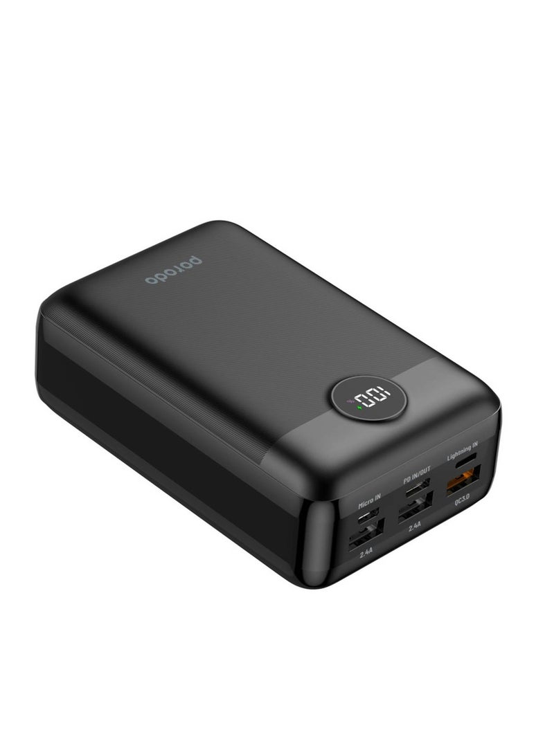 بورودو باور بانك صغير الحجم للغاية بقوة 20 وات بتقنية PD وQC3.0 وسعة 30000 مللي أمبير في الساعة وشاشة LED، يشحن من 0% إلى 60% في 35 دقيقة، 3 منافذ USB و1 من النوع C و1 من منفذ Lightning - أسود - Image 1