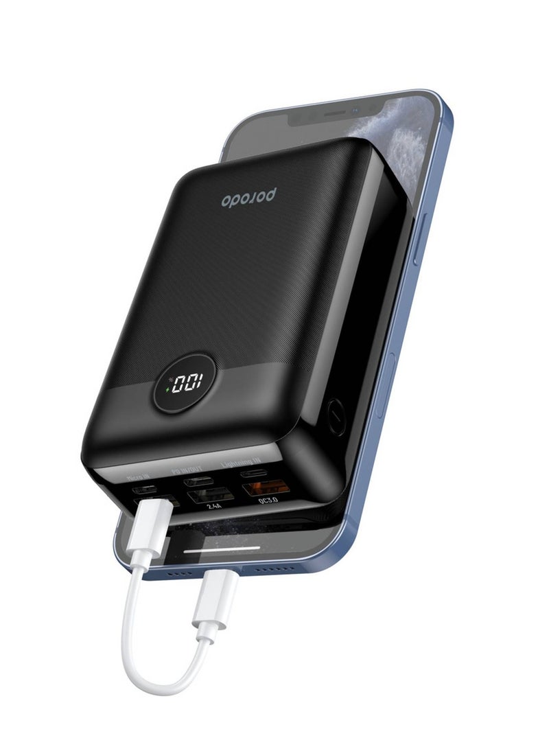 بورودو باور بانك صغير الحجم للغاية بقوة 20 وات بتقنية PD وQC3.0 وسعة 30000 مللي أمبير في الساعة وشاشة LED، يشحن من 0% إلى 60% في 35 دقيقة، 3 منافذ USB و1 من النوع C و1 من منفذ Lightning - أسود - Image 2