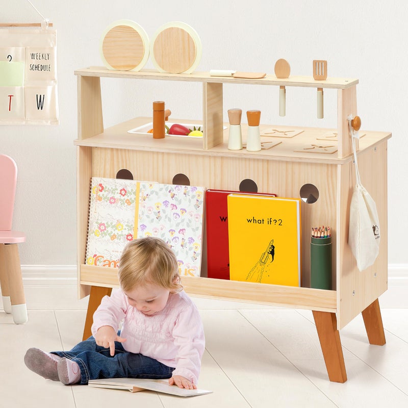 PairPear Play Kitchen for Kids, Large Natural Wood Kids Play Kitchen Pretend Accessories with DIY Crafting & Bookshelf, Montessori Play Food Toys Gift for Toddlers Ages 3+ - Image 5