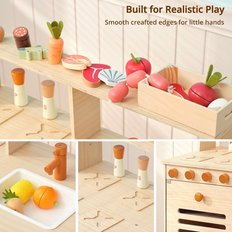 PairPear Play Kitchen for Kids, Large Natural Wood Kids Play Kitchen Pretend Accessories with DIY Crafting & Bookshelf, Montessori Play Food Toys Gift for Toddlers Ages 3+ - Image 3