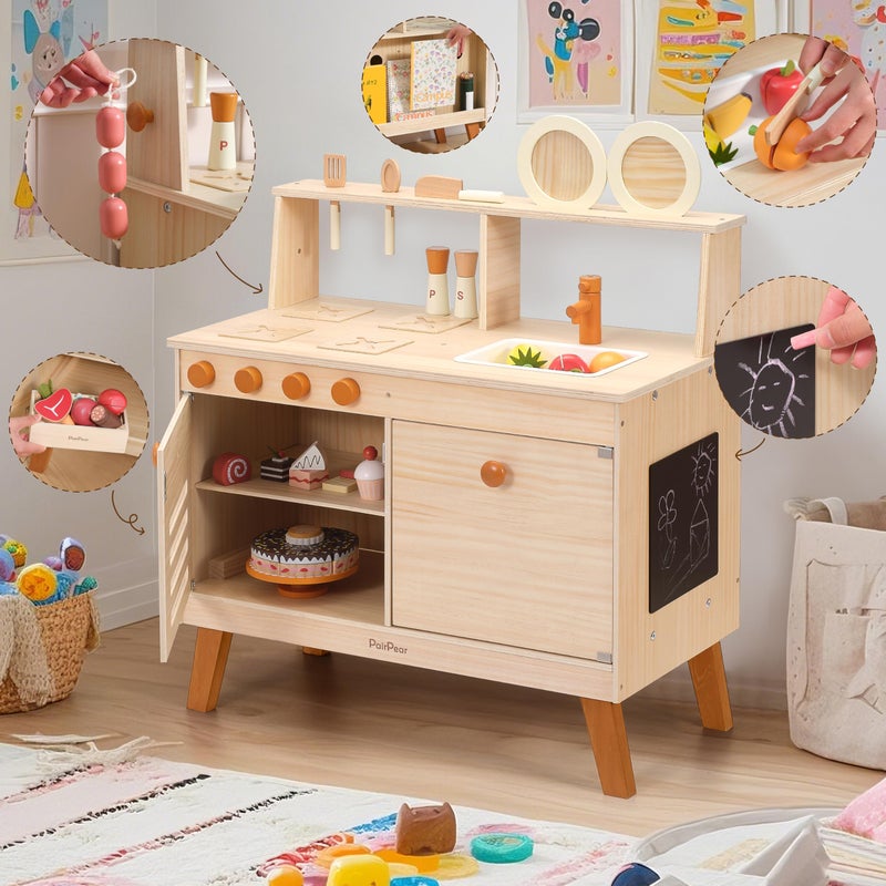 PairPear Play Kitchen for Kids, Large Natural Wood Kids Play Kitchen Pretend Accessories with DIY Crafting & Bookshelf, Montessori Play Food Toys Gift for Toddlers Ages 3+ - Image 4