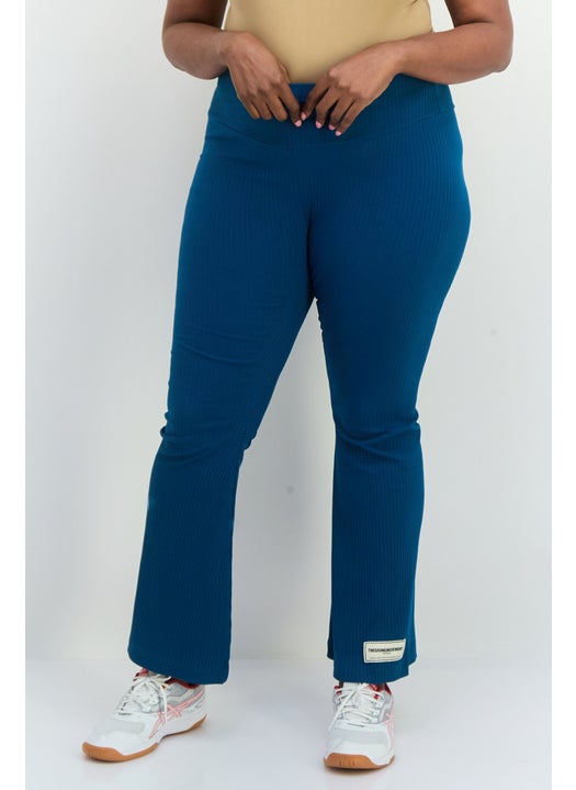 Women Regular Fit Ribbed Pull On Flare Pants, Teal