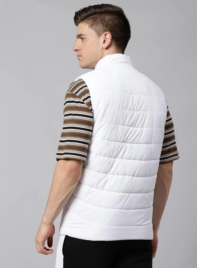 Dennis Lingo White Regular Fit Men's Solid Mock Neck Sleeveless Polyester Jacket with Zipper Closure