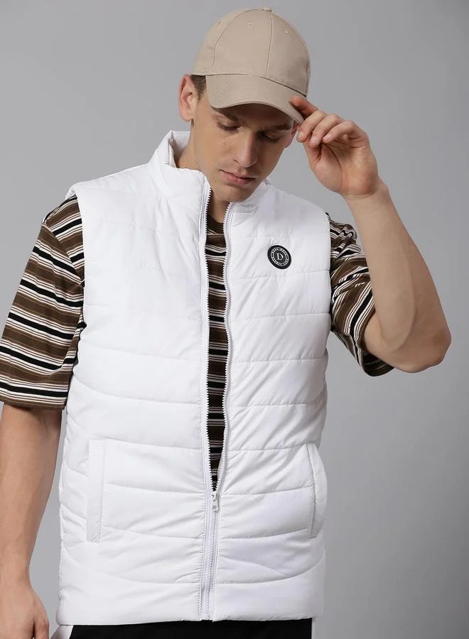Dennis Lingo White Regular Fit Men's Solid Mock Neck Sleeveless Polyester Jacket with Zipper Closure
