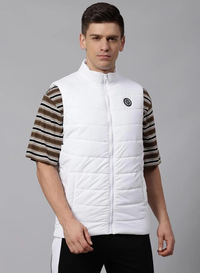 Dennis Lingo White Regular Fit Men's Solid Mock Neck Sleeveless Polyester Jacket with Zipper Closure