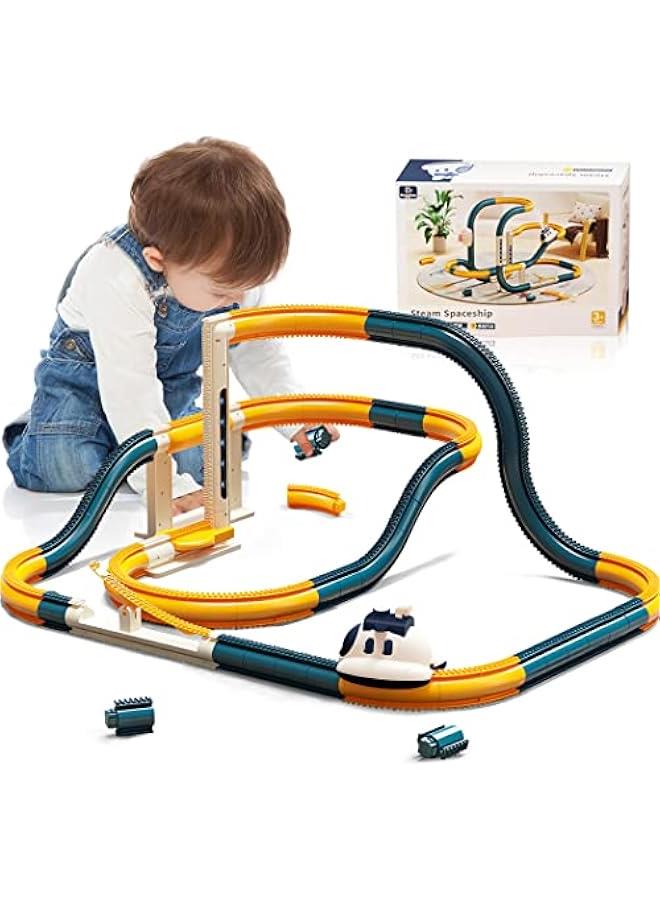 MIXDE 51PCS Electric Steam Train Set with Tracks, Automatic Elevator,Spaceship Car Adventure, Expandable Train Toys for 3+ Years Old Girls & Boys (Blue) - Image 1