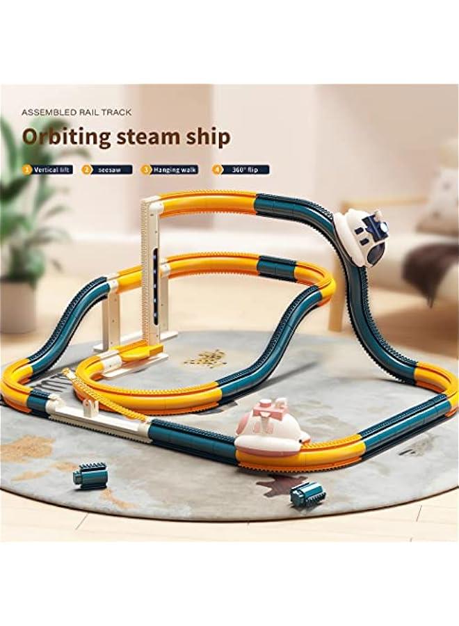 MIXDE 51PCS Electric Steam Train Set with Tracks, Automatic Elevator,Spaceship Car Adventure, Expandable Train Toys for 3+ Years Old Girls & Boys (Blue) - Image 2