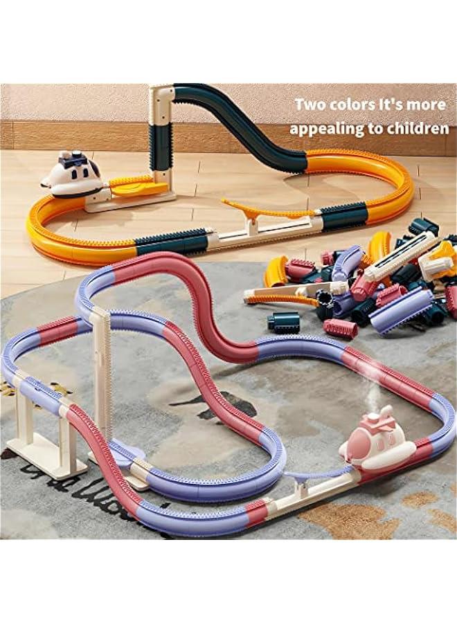 MIXDE 51PCS Electric Steam Train Set with Tracks, Automatic Elevator,Spaceship Car Adventure, Expandable Train Toys for 3+ Years Old Girls & Boys (Blue) - Image 3