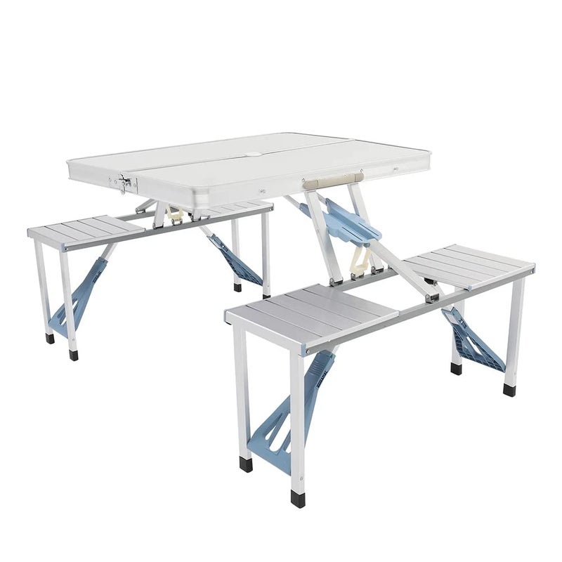 IBEQUEM Folding Picnic Table Aluminum Foldable Table Camping Table with Seats and Umbrella Hole Lightweight Suitcase Outdoor Portable Camping Chairs for Travel Outing Gathering BBQ Party