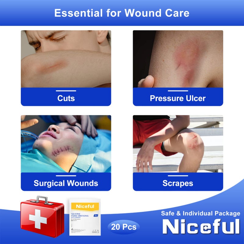 Niceful 20 Count Silicone Foam Dressing Gentle Border 2 x 2 inch, Absorbent Silicone Bandages for Wounds, Waterproof Bed Sore Bandages Wound Dressing - Image 5