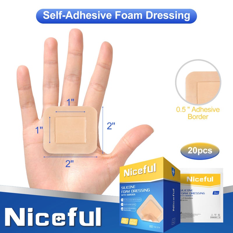 Niceful 20 Count Silicone Foam Dressing Gentle Border 2 x 2 inch, Absorbent Silicone Bandages for Wounds, Waterproof Bed Sore Bandages Wound Dressing - Image 2