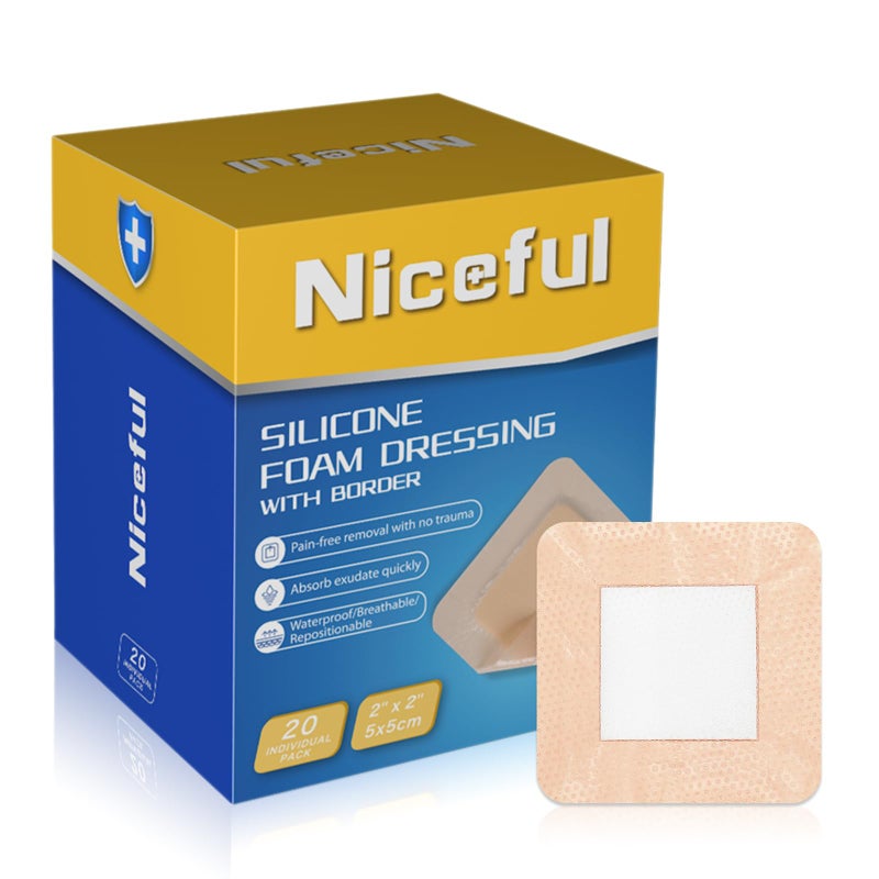 Niceful 20 Count Silicone Foam Dressing Gentle Border 2 x 2 inch, Absorbent Silicone Bandages for Wounds, Waterproof Bed Sore Bandages Wound Dressing - Image 1