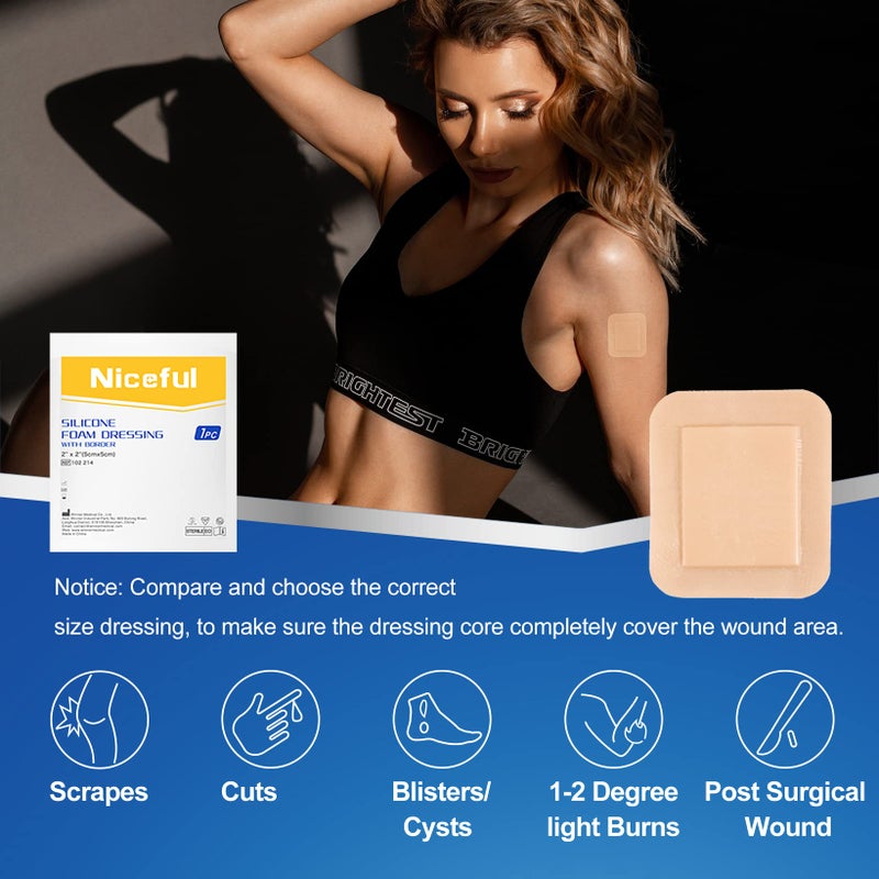 Niceful 20 Count Silicone Foam Dressing Gentle Border 2 x 2 inch, Absorbent Silicone Bandages for Wounds, Waterproof Bed Sore Bandages Wound Dressing - Image 3