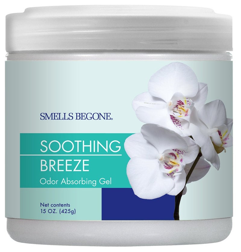 SMELLS BEGONE Air Freshener Odor Absorber Gel - Absorbs Odor from Bathrooms, Cars, Pet Areas, Boats and RVs - Made with Essential Oils - Soothing Breeze Scent - 15 Ounce - Image 1