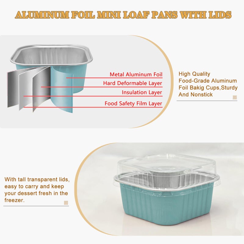 OBXMLFY Mini Cake Pans With Lids 5oz, 50 Pack Mini Loaf Pans with Lids, Aluminum Foil Baking Cups, Disposable Square Brownie Baking Cupcake, Dessert Cups for Wedding, Birthday, Party, Picnics (Blue) - Image 3